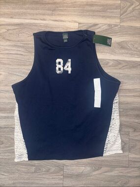 wild fable Navy Tank with White Lace Panels and Silver '84 Graphic